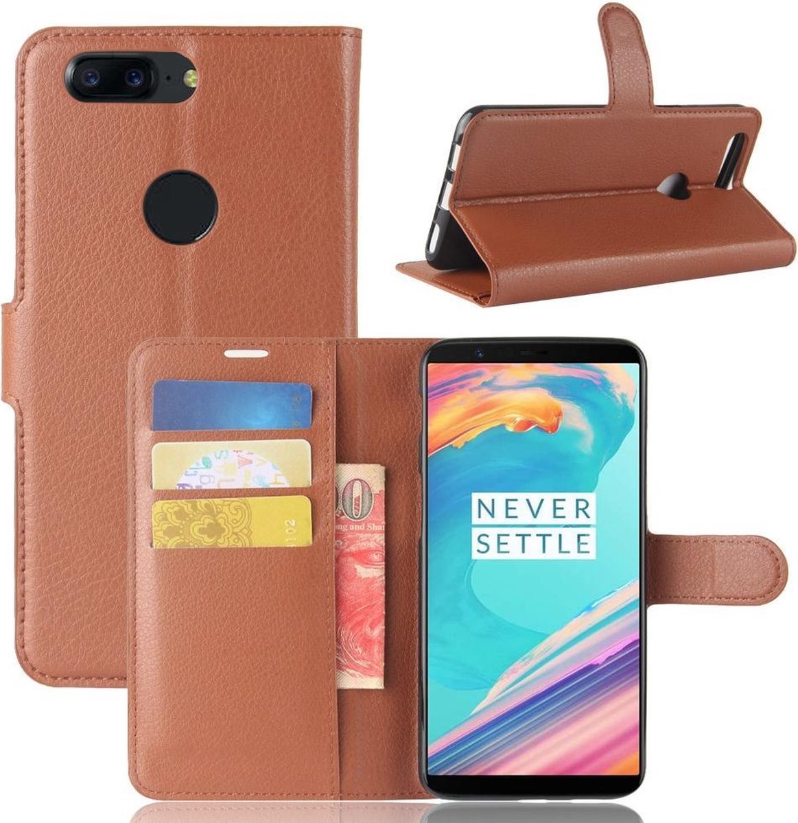Book Case - Geschikt voor OnePlus 5T Hoesje - Bruin