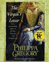 Boekomslag van 'The Virgin's Lover' door Philippa Gregory, met een vrouw in een 16e-eeuwse jurk en een gele prijssticker.