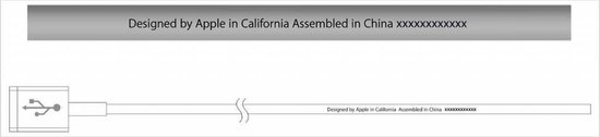 Diagram van een witte USB-kabel met de tekst 'Designed by Apple in California Assembled in China'.