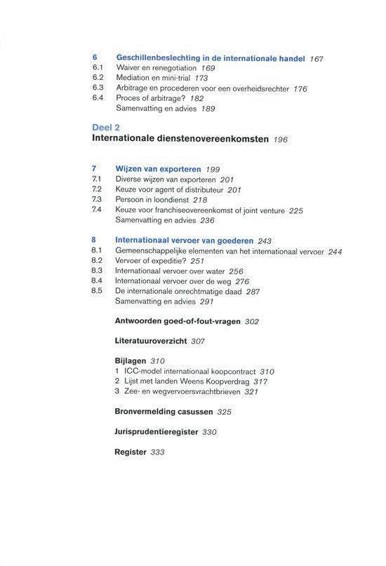 Pagina 7 uit "Internationale dienstenovereenkomsten", met een lijst van hoofdstukken.