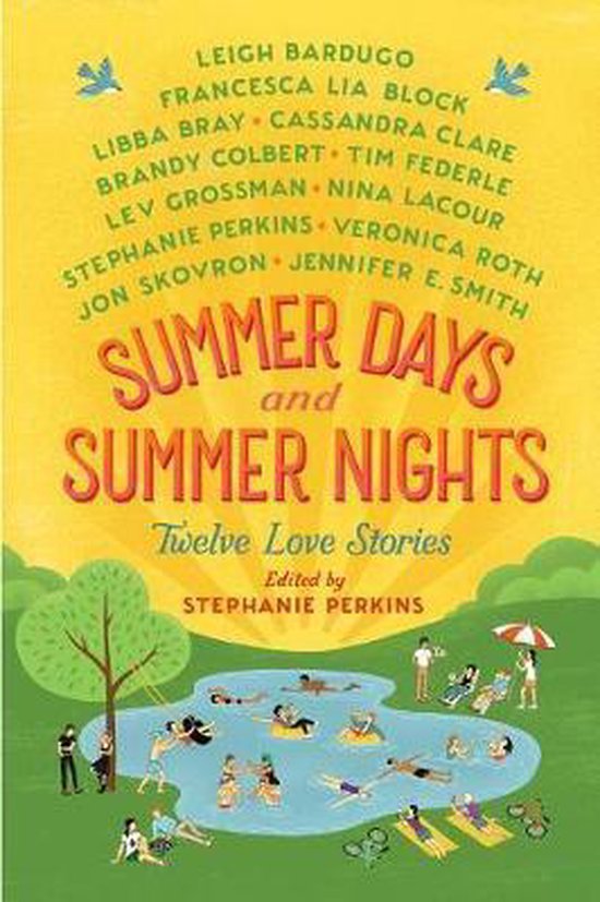 Boekcover 'Summer Days and Summer Nights: Twelve Love Stories' met gele achtergrond, illustratie van een meer met zwemmende en zonnende mensen.