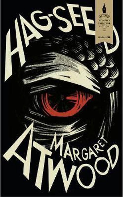 Boekomslag van Hag-Seed met een rode iris van een oog en de tekst "HAG-SEED" en "MARGARET ATWOOD".