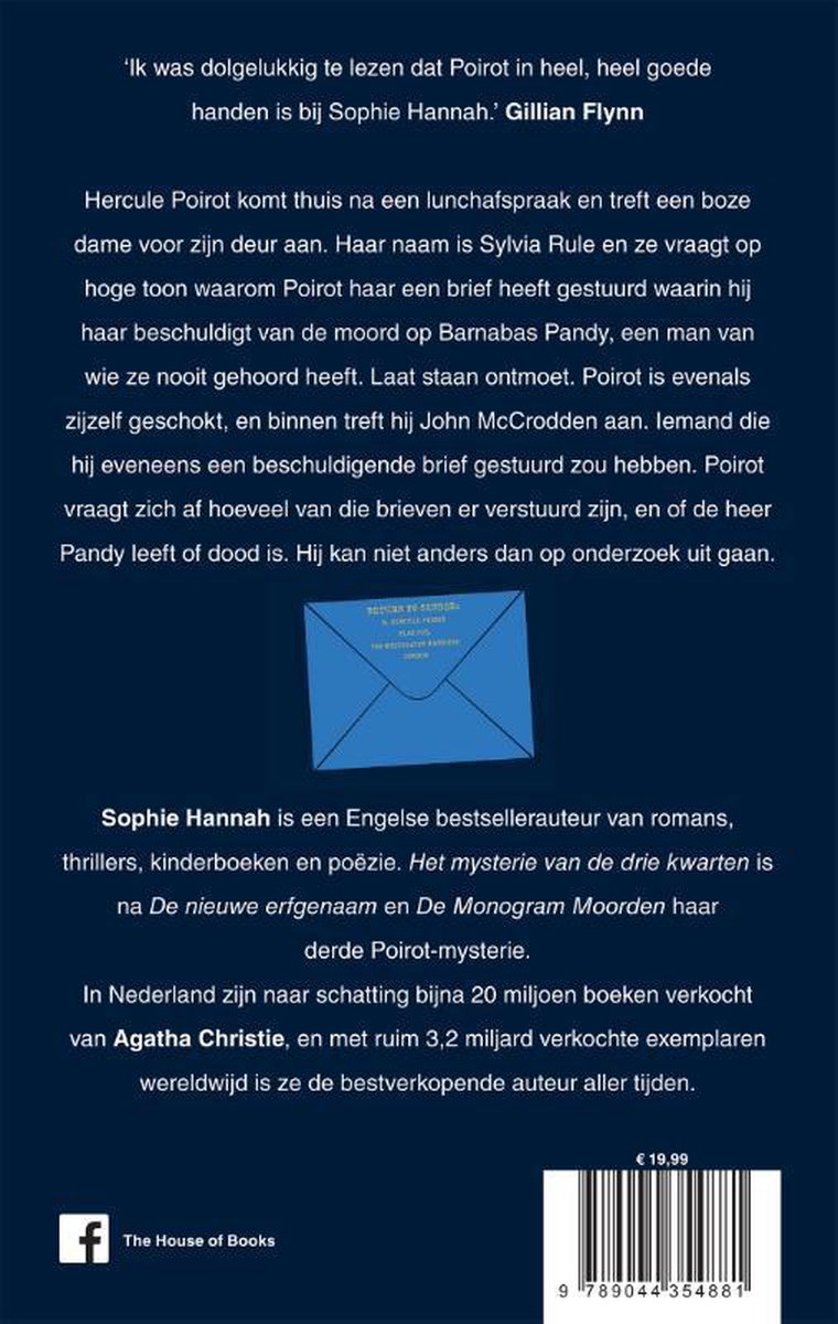 Achterkant van het boek 'Het mysterie van de drie kwarten' met tekst en prijs.
