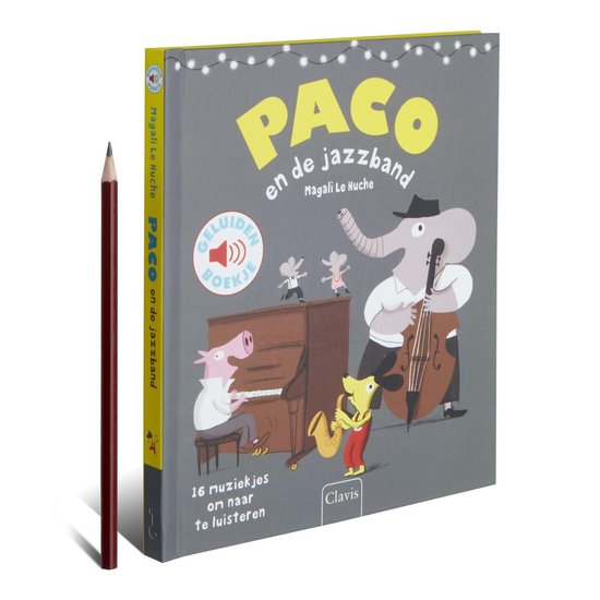 Gesloten kinderboek op een witte achtergrond met een potlood ernaast. De voorkant toont een jazzband met dieren.