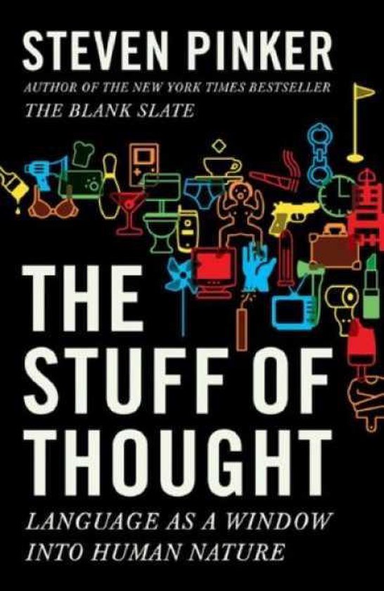 Boekomslag "The Stuff of Thought" van Steven Pinker, met kleurrijke pictogrammen van alledaagse objecten.