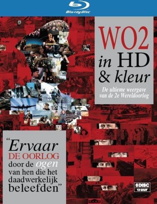 WO2 in HD & kleur Blu-ray met een collage van oorlogsbeelden in de vorm van een soldatenprofiel. Met tekst 'Ervaar de oorlog door de ogen van hen die het daadwerkelijk beleefden'. 6 DISC 13 UUR.