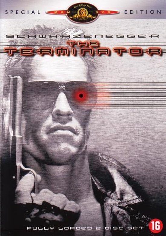 Arnold Schwarzenegger als de Terminator, met zonnebril en een pistool. Rood oog met laserstralen.