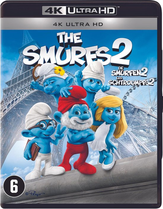 De Smurfen 2 4K Ultra HD Blu-ray hoes met Papa Smurf, Smurfin, Brilsmurf en andere Smurfen voor de Eiffeltoren. Bevat leeftijdsclassificatie 6.