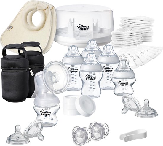 Product: Tommee Tippee starterpakket voor borstvoeding met handmatige borstkolf, magnetronsterilisator, zuigflessen en borstvoedingsaccessoires, van het merk Tommee Tippee