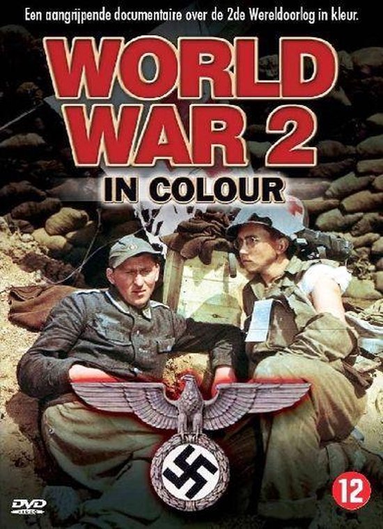 DVD-hoes van 'World War 2 in Colour' met twee militairen in uniform en het Nazi-symbool.