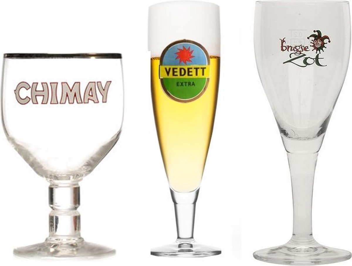 Bierglazen cadeau Trio Glazen Brugse Zot - Chimay - Vedett Bier glas