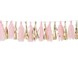 Babyshower decoratie Oh Baby! Tassel kwasten slinger - Roze & goud - (2 meter)