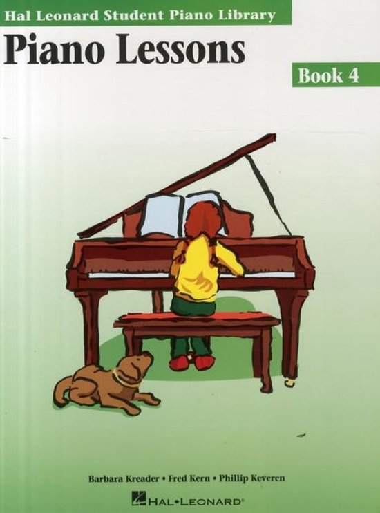 Piano Lessons Livre 4. Une fille en pull jaune joue du piano avec un chien à côté.