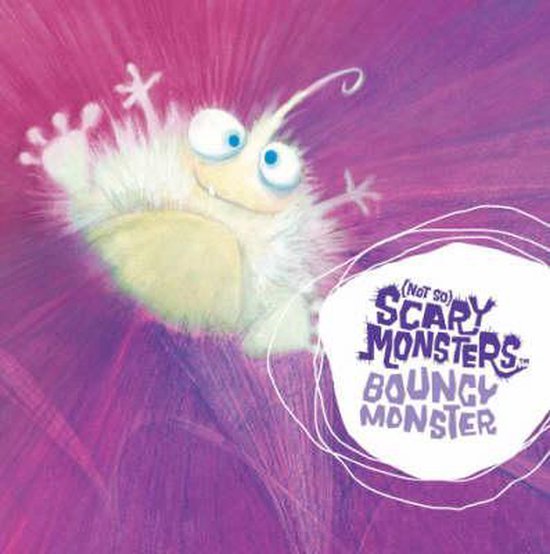 Wazig, wit pluizig monster met grote blauwe ogen, dat op roze achtergrond zweeft. Tekst: (Not So) Scary Monsters Bouncy Monster.