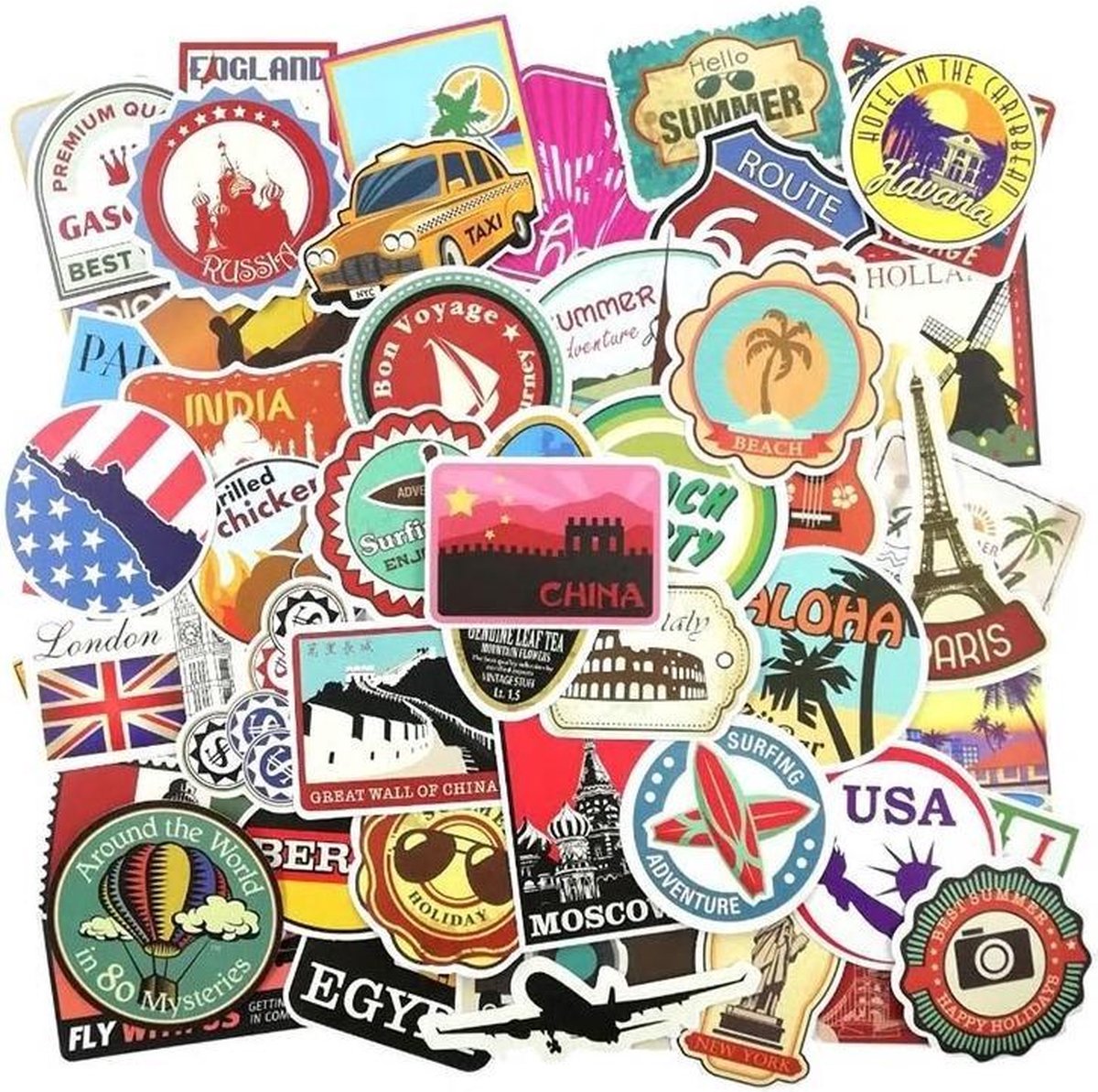 Mix van 100 stickers - Thema is reizen en landen - voor laptop