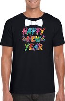 Happy new year t-shirt met vlinderstrikje voor oud en nieuw voor heren - zwart - Nieuwjaarsborrel kleding XL