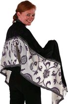 Wollen sjaal met ingeweven bloemen patroon - zwart - paars - crème wit - 50 x 180 cm
