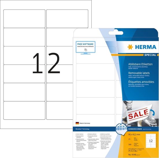 Herma Special - Verwijderbare etiketten - A4 - 9,6 cm x4,2 cm - 300 stuks -  Wit | bol.com
