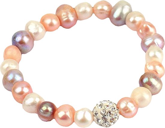 Zoetwater parel armband Maxima Soft Colors - echte parels - wit - roze - zalm - oranje - stras steentjes - glitter - elastisch