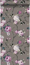 Origin Wallcoverings behangpapier bloemen taupe en lila paars - 347430 - 53 cm x 10,05 m