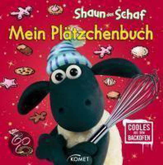 Shaun het schaap met een gebreide muts en garde, omringd door kerstkoekjes op een rode achtergrond. Titel: "Shaun das Schaf Mein Plätzchenbuch".