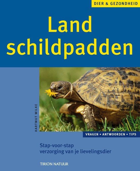 Boek "Land schildpadden" met op de voorgrond een landschildpad die een bloemetje eet.