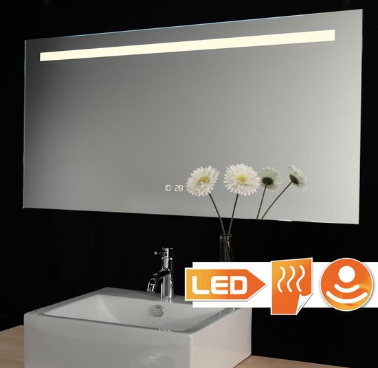 Verdorie Nu deksel Badkamer LED spiegel met digitale klok en verwarming 140 cm | bol.com