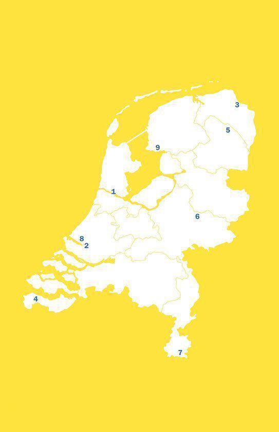 Witte kaart van Nederland op een gele achtergrond, met genummerde regio's.