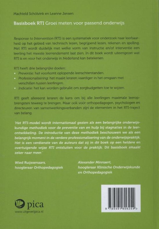Achterkant Basisboek RTI Groei meten voor passend onderwijs door Machteld Schölvink en Leanne Jansen. Pica, www.uitgeverijpica.nl.