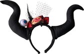 Haarband halloween jurk zwarte hoorns met roosje, veren en Heksen oog