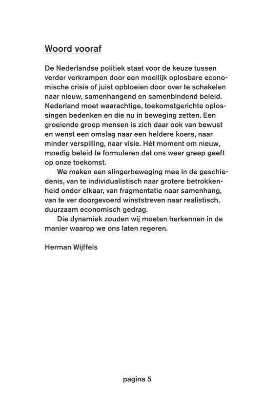 Pagina 5 met de titel "Woord vooraf". Tekst gaat over Nederlandse politiek, economische crisis en duurzaamheid.