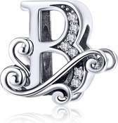 Zilveren alfabet bedel letter B met  transparante zirkonia steentjes