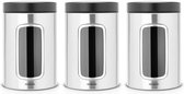 Brabantia Voorraadbussen - 1,4 l - 3 stuks - Matt Steel Fingerprint Proof / Matt Black deksel - Met venster