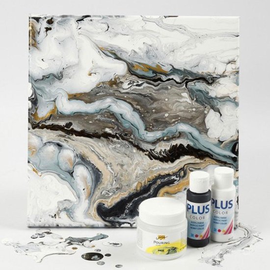 Abstract schilderij in grijstinten, zwart, wit en goud, met daaronder drie potten verf.