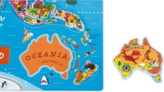 Puzzle magnétique de l'Océanie et de l'Australie, avec des illustrations d'animaux tels qu'un kangourou et un kiwi.