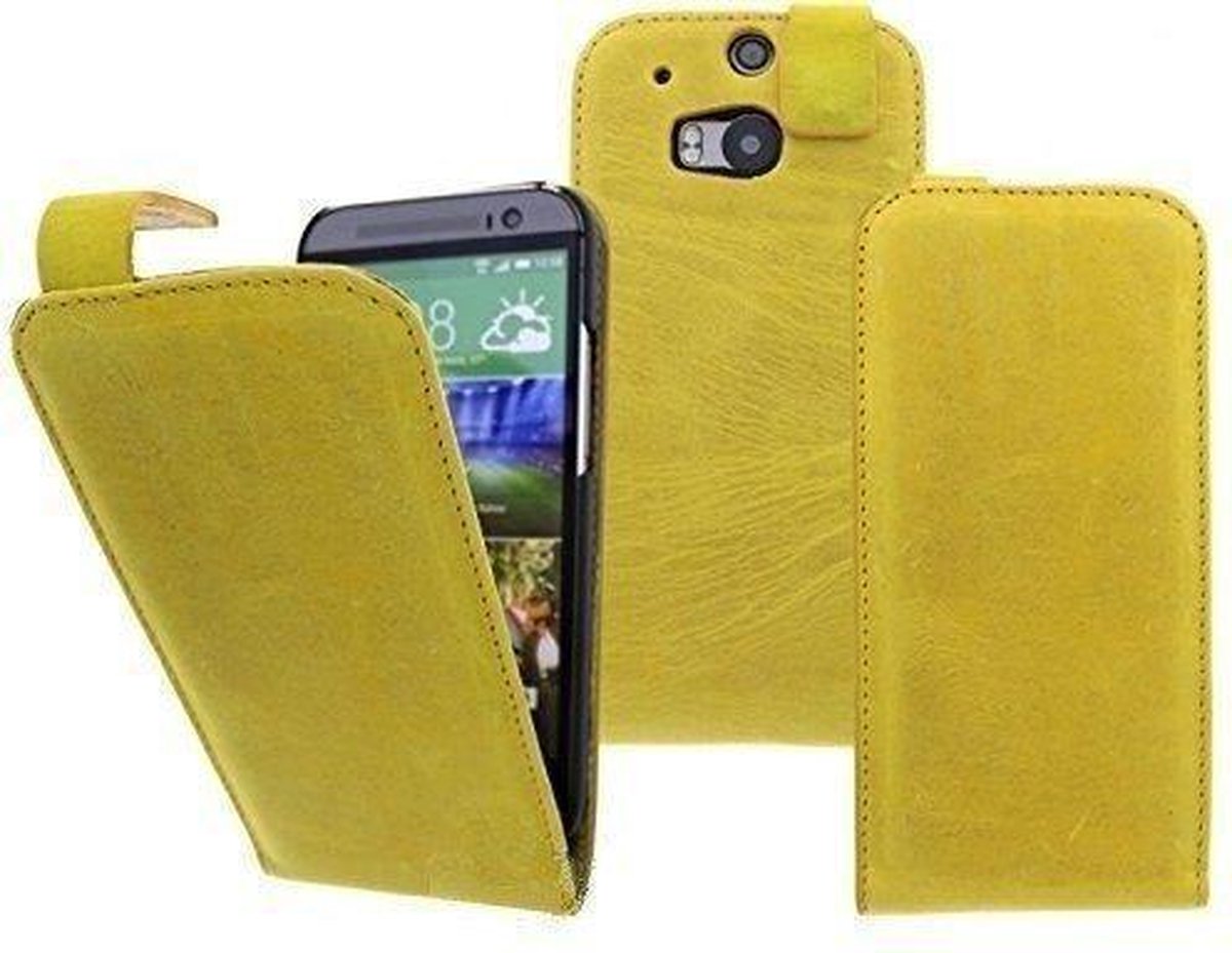 Devills Crazy Lederen Flip Case HTC One M8 Hoesje Crazy Yellow