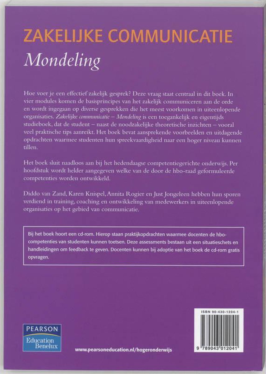 Achterkant van het boek Zakelijke Communicatie - Mondeling met informatie over de inhoud en auteurs.