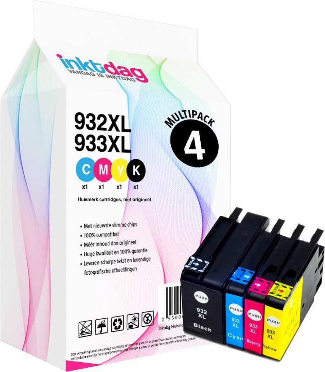 Inktdag inktcartridges voor HP 932XL /933XL,HP 932/933 inktcartridge multipack van 4 kleuren (1*BK, C, M en Y) voor HP OfficeJet 6100, 6600, 6700, 7110,7610, 7612, 8620