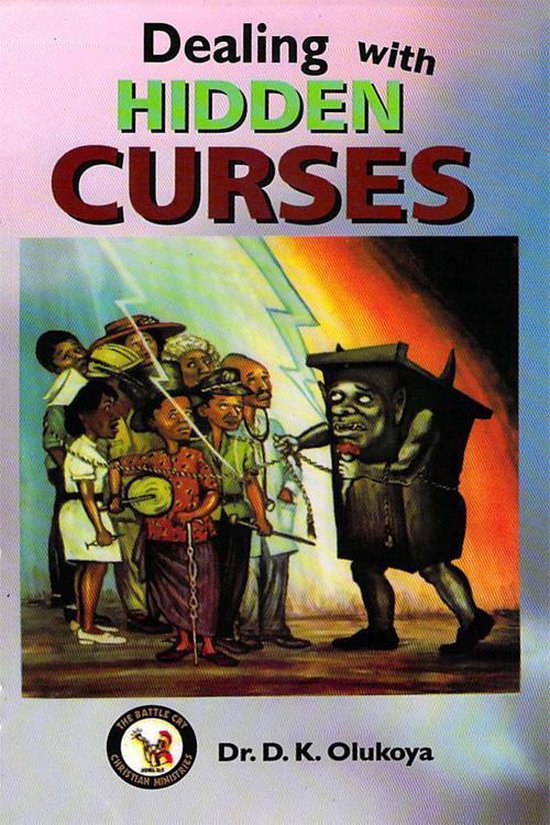 Boek kaft met de titel 'Dealing with HIDDEN CURSES'. Een groep mensen kijkt naar een duivels figuur.