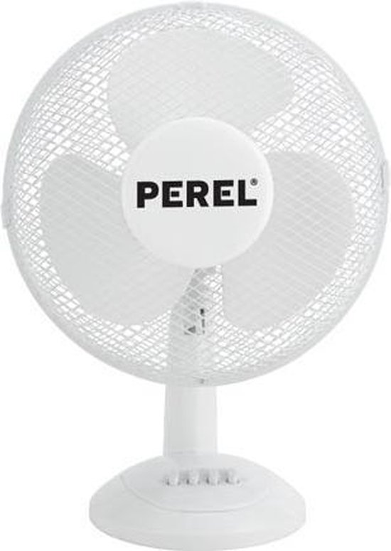 Tafelventilator 30 cm wit Perel 40W stil 3 snelheden oscillatie 90° verstelbare kop bureauventilator