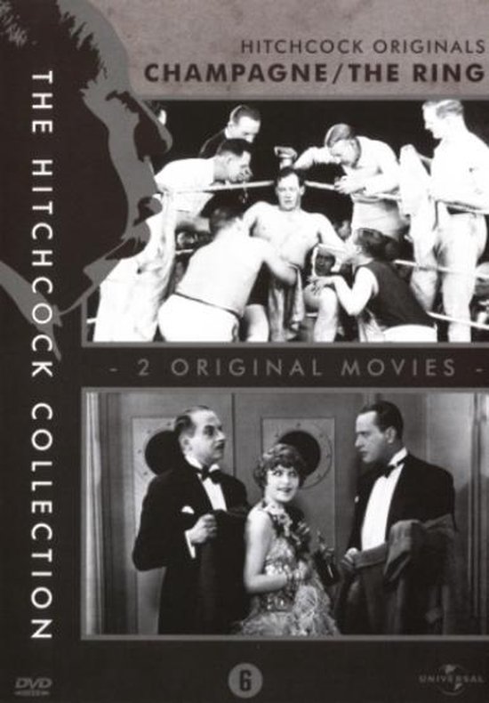 DVD-hoes met 'Hitchcock Originals Champagne/The Ring' en beelden van een bokswedstrijd en een filmscène uit de jaren '20.