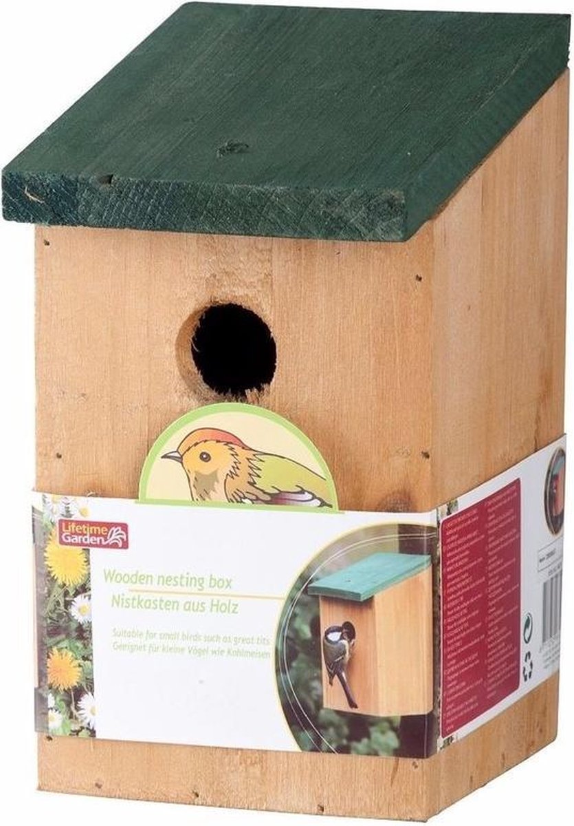 Houten vogelhuisje/nestkastje met groen dak 22 cm - Vogelhuisjes tuindecoraties - Lifetime Garden