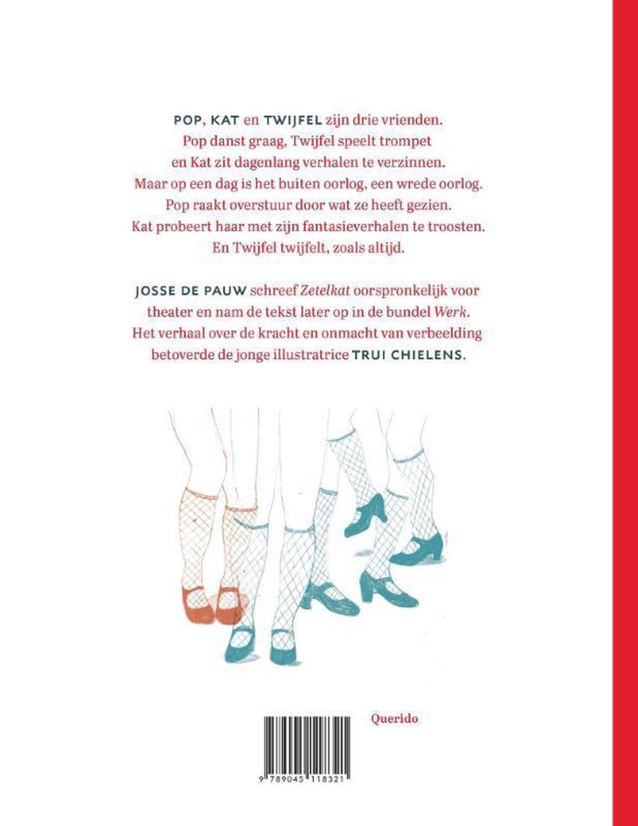 Illustratie van vier paren benen in visnetkousen in roze en blauwe tinten, met rode en blauwe schoenen.
