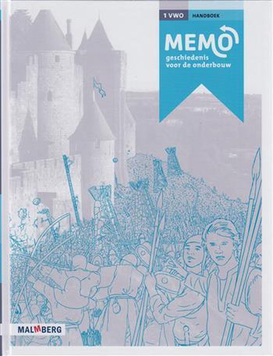 Handboek MeMo geschiedenis voor de onderbouw, met een tekening van een kasteel en een gevecht.