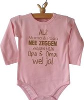Baby Rompertje roze meisje met tekst | Als mama en papa nee zeggen zeggen mijn opa en oma wel ja | lange mouw | roze | maat 74/80 cadeau