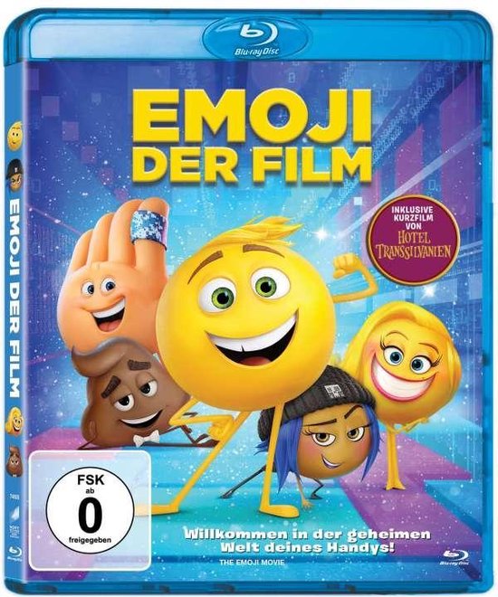 De Emoji Film Blu-ray: Gelukkige emoji's, een duim en poep-emoji op een blauwe achtergrond.