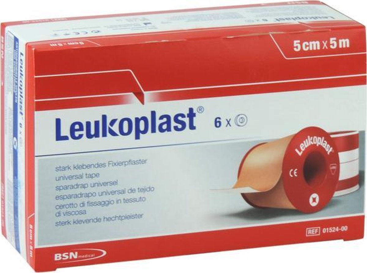Goedkoopste Leukoplast, hechtpleister met klemring 5cm x 5m, doosje 6 stuks