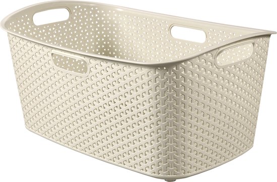 Off-white wasmand met open, gevlochten textuur en ergonomische handgrepen.