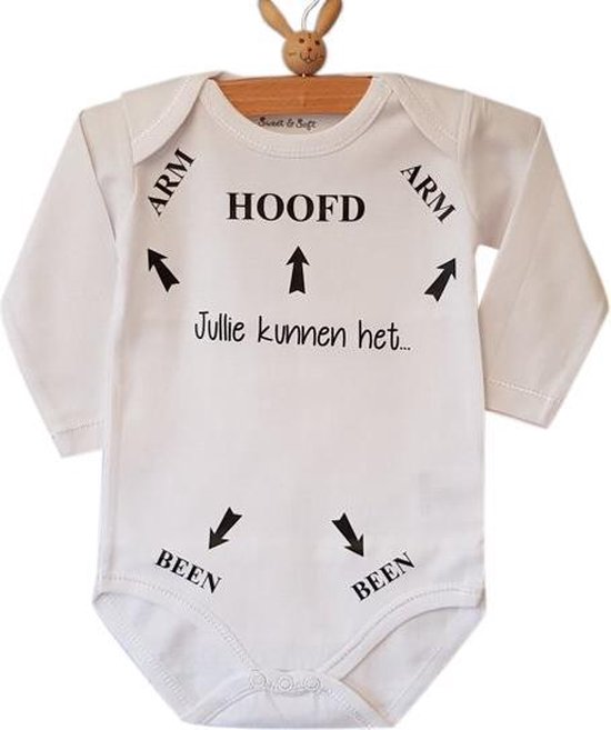 Baby rompertje unisex bedrukt met grappige tekst zwart Jullie kunnen het!  Hoofd Arm Been pijlen | Lange mouw | wit | maat 62/68 kado geboorte cadeau jongen meisje collega humor afscheid zwangerschapsverlof afscheidscadeau