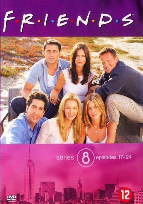 Friends serie 8: Joey, Chandler, Ross, Monica, Phoebe en Rachel zitten op een strand. De tekst 'FRIENDS' en 'series 8 episodes 17-24' staat op de cover.